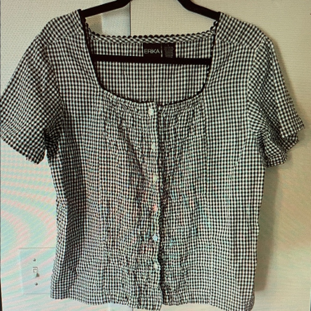 Erika Black and White Gingham Button-Front Short Sleeve Top
